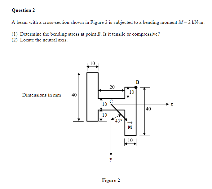 Question 2
A beam with a cross-section shown in Figure 2 is subjected to a bending moment M= 2 kN-m.
(1) Determine the bending stress at point B. Is it tensile or compressive?
(2) Locate the neutral axis.
10
B
20
10
Dimensions in mm
40
10
40
10
45°
M
10
y
Figure 2
