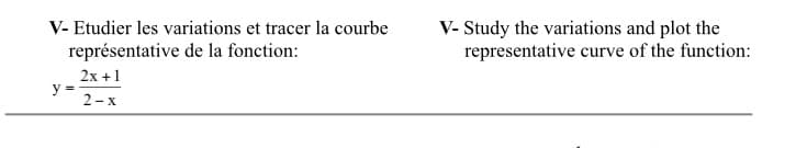 V- Etudier les variations et tracer la courbe
représentative de la fonction:
y =
2x+1
2-x
V- Study the variations and plot the
representative curve of the function: