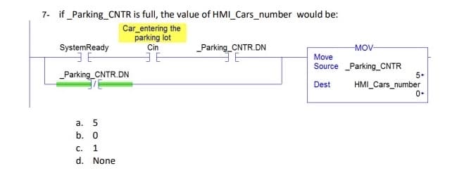 7- if Parking_CNTR is full, the value of HMI_Cars_number would be:
Car entering the
parking lot
SystemReady
Cin
Parking_CNTR.DN
MOV-
Move
Source Parking_CNTR
_Parking_CNTR.DN
5+
Dest
HMI_Cars_number
а. 5
b. 0
с.
d. None
