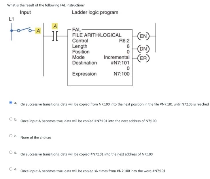 What is the result of the following FAL instruction?
Input
L1
Loo
a.
O b.
O C.
A
HE
e.
Ladder logic program
FAL
FILE ARITH/LOGICAL
Control
Length
Position
Mode
Destination
Expression
None of the choices
(EN)
(DN)
Incremental (ER)
#N7:101
R6:2
6
0
0
N7:100
On successive transitions, data will be copied from N7:100 into the next position in the file #N7:101 until N7:106 is reached
Once input A becomes true, data will be copied #N7:101 into the next address of N7:100
O d.
On successive transitions, data will be copied #N7:101 into the next address of N7:100
Once input A becomes true, data will be copied six times from #N7:100 into the word #N7:101