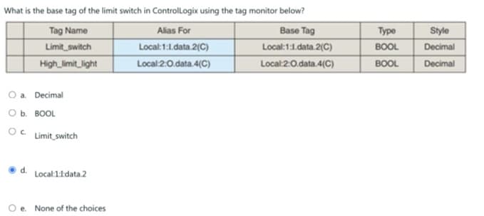 What is the base tag of the limit switch in ControlLogix using the tag monitor below?
Tag Name
Alias For
Base Tag
Local:1:1 data.2(C)
Limit switch
High limit light
Local: 1:1.data 2(C)
Local:2:0.data.4(C)
Local:2:0.data.4(C)
O a. Decimal
O b. BOOL
Oc Limit_switch
d. Local:1:1:data.2
Oe. None of the choices
Type
BOOL
BOOL
Style
Decimal
Decimal