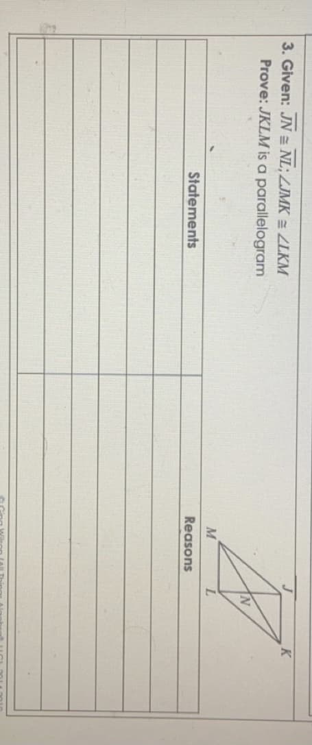 3. Given: JN NL; ZJMK ZLKM
Prove: JKLM is a parallelogram
M
Statements
Reasons
