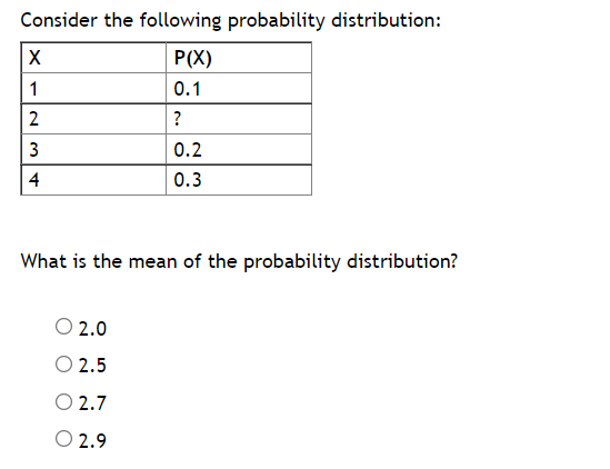 Consider the following probability distribution:
P(X)
1
0.1
?
3
0.2
4
0.3
What is the mean of the probability distribution?
O 2.0
O 2.5
O 2.7
O 2.9
2.
