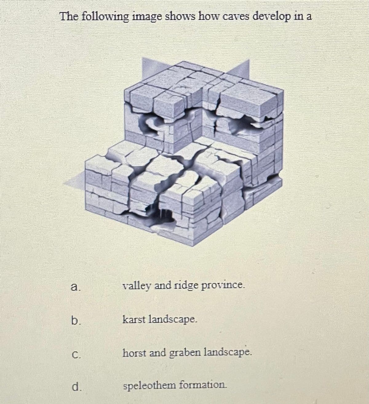 The following image shows how caves develop in a
a.
valley and ridge province.
b.
karst landscape.
C.
horst and graben landscape.
d.
speleothem formation.
