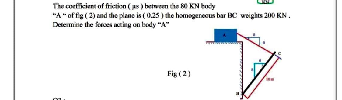 The coefficient of frietion ( us ) between the 80 KN body
"A “ of fig ( 2) and the plane is ( 0.25) the homogeneous bar BC weights 200 KN.
Determine the forces acting on body "A"
Fig (2)
10m
B
