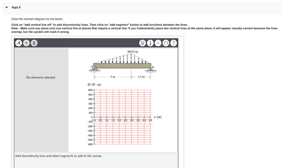 Part F
Draw the moment diagram for the beam.
Click on "add vertical line off" to add discontinuity lines. Then click on "add segment" button to add functions between the lines.
Note - Make sure you place only one vertical line at places that require a vertical line. If you inadvertently place two vertical lines at the same place, it will appear visually correct because the lines
overlap, but the system will mark it wrong.
4 十
300 N/m
Ii
?
No elements selected
3 m
1.5 m
M (N·m)
600
500
400
300
200
100
0
-1000.0 05 10
15 20 25 30
35 40 45
-200
-300
-400
-500
-600
Add discontinuity lines and select segments to add to the canvas.
B
x (m)