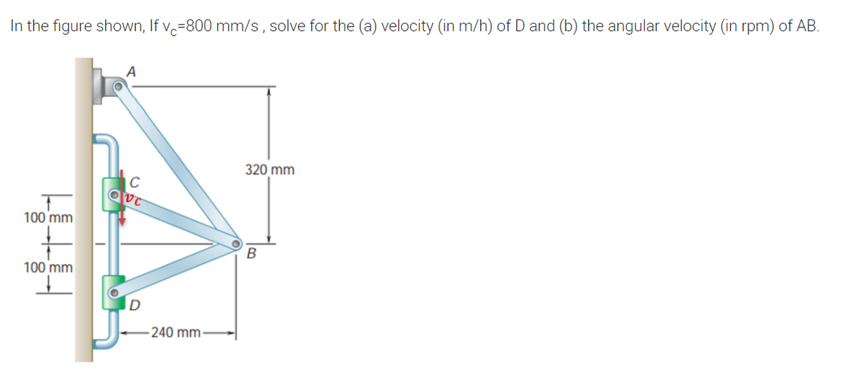 In the figure shown, If v=800 mm/s, solve for the (a) velocity (in m/h) of D and (b) the angular velocity (in rpm) of AB.
A
320 mm
C
VC
100 mm
B
100 mm
-240 mm-
