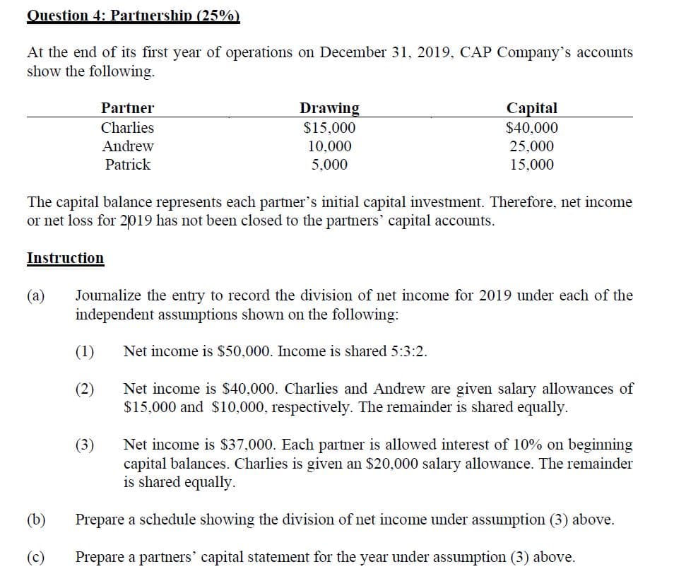 Question 4: Partnership (25%)
At the end of its first year of operations on December 31, 2019, CAP Company's accounts
show the following.
Partner
Drawing
Сapital
$40,000
Charlies
$15,000
Andrew
10,000
25,000
Patrick
5,000
15,000
The capital balance represents each partner's initial capital investment. Therefore, net income
or net loss for 2019 has not been closed to the partners' capital accounts.
Instruction
(а)
Journalize the entry to record the division of net income for 2019 under each of the
independent assumptions shown on the following:
(1)
Net income is $50,000. Income is shared 5:3:2.
(2)
Net income is $40,000. Charlies and Andrew are given salary allowances of
$15,000 and $10,000, respectively. The remainder is shared equally.
(3)
Net income is $37,000. Each partner is allowed interest of 10% on beginning
capital balances. Charlies is given an $20,000 salary allowance. The remainder
is shared equally.
(b)
Prepare a schedule showing the division of net income under assumption (3) above.
(c)
Prepare a partners' capital statement for the year under assumption (3) above.
