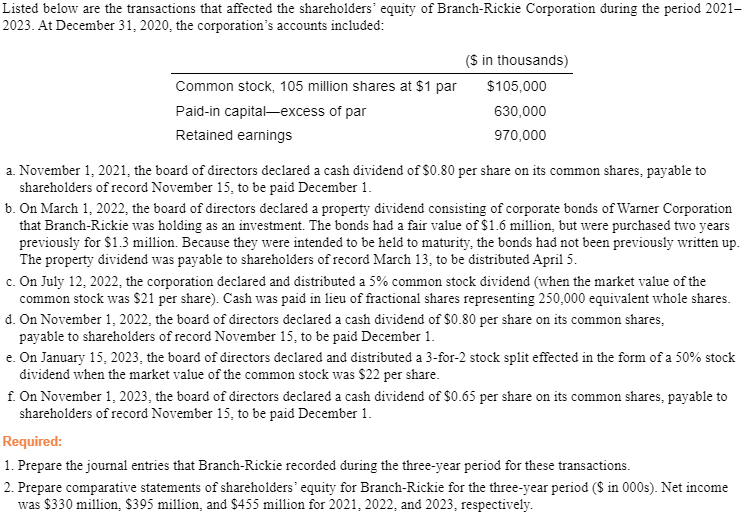 Listed below are the transactions that affected the shareholders' equity of Branch-Rickie Corporation during the period 2021-
2023. At December 31, 2020, the corporation's accounts included:
Common stock, 105 million shares at $1 par
Paid-in capital-excess of par
Retained earnings
($ in thousands)
$105,000
630,000
970,000
a. November 1, 2021, the board of directors declared a cash dividend of $0.80 per share on its common shares, payable to
shareholders of record November 15, to be paid December 1.
b. On March 1, 2022, the board of directors declared a property dividend consisting of corporate bonds of Warner Corporation
that Branch-Rickie was holding as an investment. The bonds had a fair value of $1.6 million, but were purchased two years
previously for $1.3 million. Because they were intended to be held to maturity, the bonds had not been previously written up.
The property dividend was payable to shareholders of record March 13, to be distributed April 5.
c. On July 12, 2022, the corporation declared and distributed a 5% common stock dividend (when the market value of the
common stock was $21 per share). Cash was paid in lieu of fractional shares representing 250,000 equivalent whole shares.
d. On November 1, 2022, the board of directors declared a cash dividend of $0.80 per share on its common shares,
payable to shareholders of record November 15, to be paid December 1.
e. On January 15, 2023, the board of directors declared and distributed a 3-for-2 stock split effected in the form of a 50% stock
dividend when the market value of the common stock was $22 per share.
f. On November 1, 2023, the board of directors declared a cash dividend of $0.65 per share on its common shares, payable to
shareholders of record November 15, to be paid December 1.
Required:
1. Prepare the journal entries that Branch-Rickie recorded during the three-year period for these transactions.
2. Prepare comparative statements of shareholders' equity for Branch-Rickie for the three-year period ($ in 000s). Net income
was $330 million, $395 million, and $455 million for 2021, 2022, and 2023, respectively.