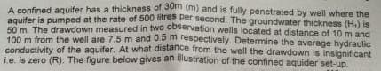 A confined aquifer has a thickness of 30m (m) and is fully penetrated by well where the
aquifer is pumped at the rate of 500 litres per second. The groundwater thickness (H₁) is
50 m. The drawdown measured in two observation wells located at distance of 10 m and
100 m from the well are 7.5 m and 0.5m respectively. Determine the average hydraulic
conductivity of the aquifer. At what distance from the well the drawdown is insignificant
i.e. is zero (R). The figure below gives an illustration of the confined aquider set-up.