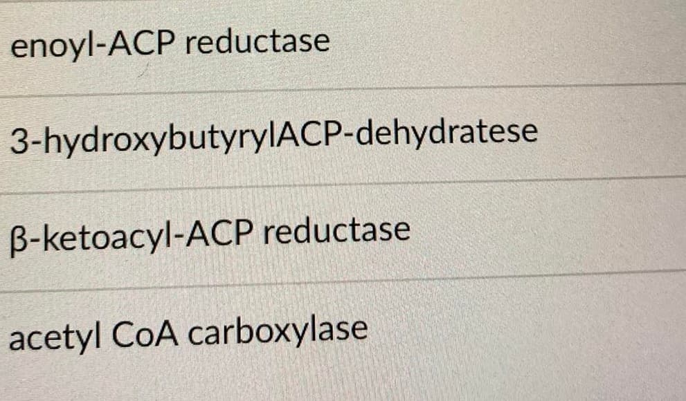 enoyl-ACP reductase
3-hydroxybutyrylACP-dehydratese
B-ketoacyl-ACP reductase
acetyl CoA carboxylase
