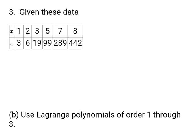 3. Given these data
1 2 3 5 7 8
3 6 1999 289 442
f(x)
(b) Use Lagrange polynomials of order 1 through
3.