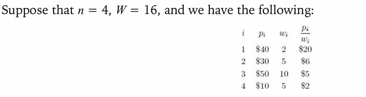 Suppose that n =
4, W16, and we have the following:
i
1
2
3
4
Pi
W₂
$20
$6
$50 10 $5
$10 5
W₂
Pi
$40
2
$30 5