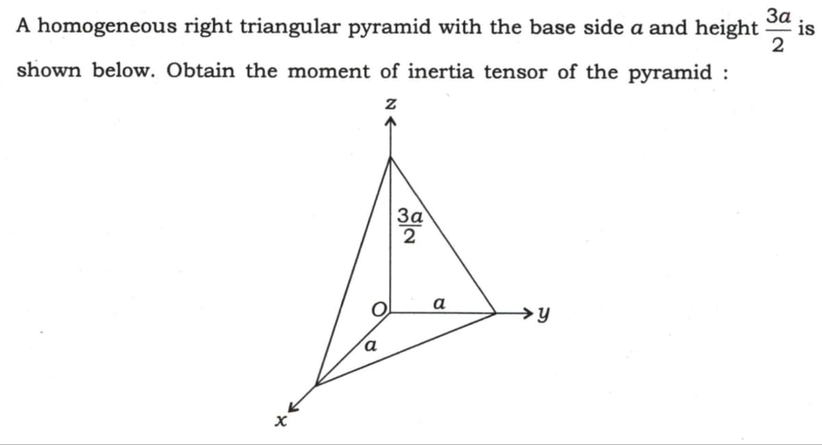 3a
A homogeneous right triangular pyramid with the base side a and height is
2
shown below. Obtain the moment of inertia tensor of the pyramid :
Z
X
a
3a
a
y