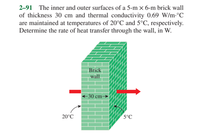 2-91 The inner and outer surfaces of a 5-m x 6-m brick wall
of thickness 30 cm and thermal conductivity 0.69 W/m-C
are maintained at temperatures of 20°C and 5°C, respectively.
Determine the rate of heat transfer through the wall, in W.
Brick
wall
-30 cm-
20°C
5°C
