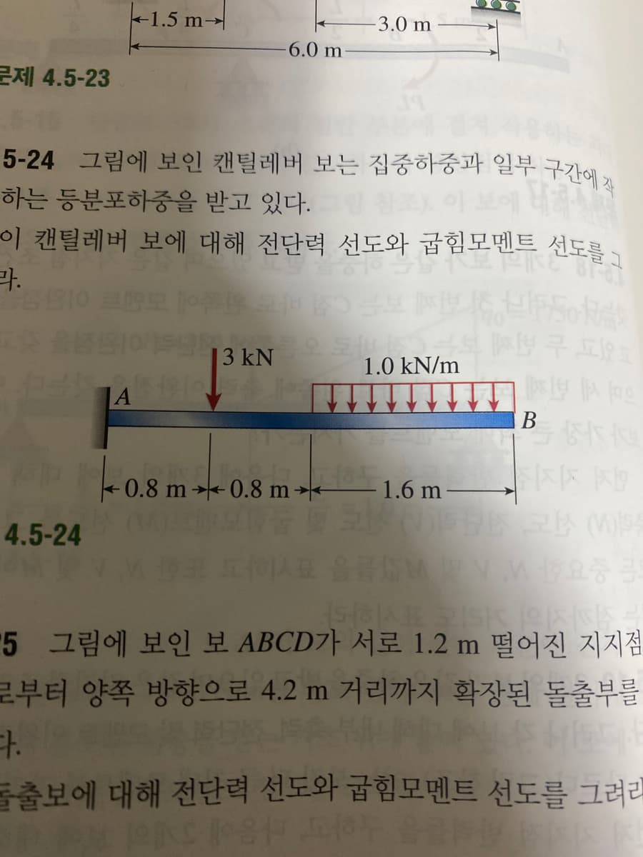 +1.5 m→
3.0 m
-6.0 m
로제 4.5-23
5-24 그림에 보인 캔틸레버 보는 집중하중과 일부 구간에,
하는 등분포하중을 받고 있다.
이 캔틸레버 보에 대해 전단력 선도와 굽힘모멘트 선도를기
라.
|3 kN
1.0 kN/m
LA
- 0.8 m →- 0.8 m r
1.6 m
4.5-24
"5 그림에 보인 보 ABCD가 서로 1.2 m 떨어진 지지점
로부터 양쪽 방향으로 4.2 m 거리까지 확장된 돌출부를
다.
들출보에 대해 전단력 선도와 굽힘모멘트 선도를 그려리
