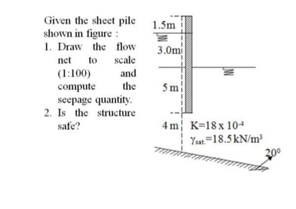 Given the sheet pile
shown in figure :
1. Draw the flow
1.5m
3.0mi
net
to
scale
(1:100)
and
the
5 m
compute
seepage quantity.
2. Is the structure
safe?
4 m K=18 x 104
Ysat=18.5 kN/m³
200
