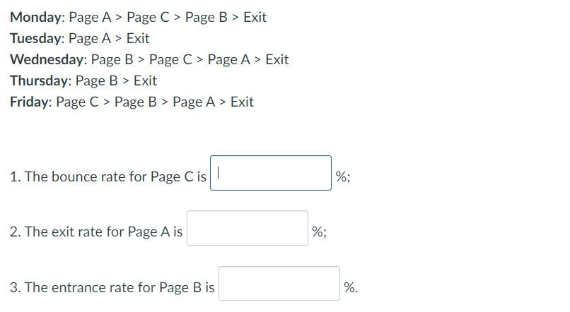 Monday: Page A > Page C > Page B > Exit
Tuesday: Page A > Exit
Wednesday: Page B > Page C > Page A > Exit
Thursday: Page B > Exit
Friday: Page C > Page B > Page A > Exit
1. The bounce rate for Page C is
%;
2. The exit rate for Page A is
3. The entrance rate for Page B is
%;
%.