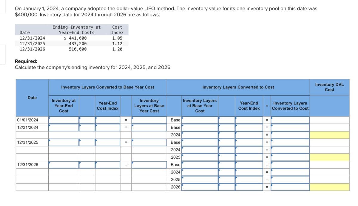 On January 1, 2024, a company adopted the dollar-value LIFO method. The inventory value for its one inventory pool on this date was
$400,000. Inventory data for 2024 through 2026 are as follows:
Ending Inventory at
Date
Year-End Costs
12/31/2024
12/31/2025
12/31/2026
$ 441,000
487,200
510,000
Required:
Cost
Index
1.05
1.12
1.20
Calculate the company's ending inventory for 2024, 2025, and 2026.
Inventory Layers
Converted to Cost
Inventory Layers Converted to Base Year Cost
Date
Inventory at
Year-End
Year-End
Cost
Cost Index
01/01/2024
12/31/2024
Inventory
Layers at Base
Inventory Layers Converted to Cost
Inventory Layers
at Base Year
Year-End
Cost Index
Year Cost
Cost
II
=
Base
II
=
||
Base
=
2024
=
12/31/2025
=
Base
=
2024
II
II
=
2025
12/31/2026
=
Base
2024
2025
=
|| |||
|| | ||
2026
=
Inventory DVL
Cost