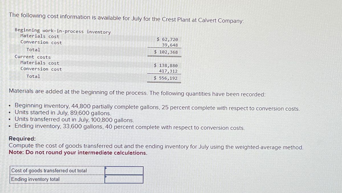 The following cost information is available for July for the Crest Plant at Calvert Company:
·
●
Beginning work-in-process inventory
Materials cost
Conversion cost
Total
.
Current costs
Materials cost
Conversion cost
Total
Materials are added at the beginning of the process. The following quantities have been recorded:
Beginning inventory, 44,800 partially complete gallons, 25 percent complete with respect to conversion costs.
Units started in July, 89,600 gallons.
Units transferred out in July, 100,800 gallons.
Ending inventory, 33,600 gallons, 40 percent complete with respect to conversion costs.
$ 62,720
39,648
$ 102,368
$ 138,880
417,312
$ 556,192
Cost of goods transferred out total
Ending inventory total
Required:
Compute the cost of goods transferred out and the ending inventory for July using the weighted-average method.
Note: Do not round your intermediate calculations.