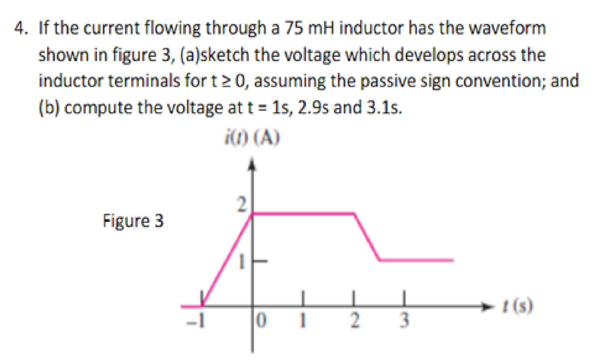 4. If the current flowing through a 75 mH inductor has the waveform
shown in figure 3, (a)sketch the voltage which develops across the
inductor terminals for t> 0, assuming the passive sign convention; and
(b) compute the voltage at t 1s, 2.9s and 3.1s.
i(1) (A)
Figure 3
→ t (s)
1
3
