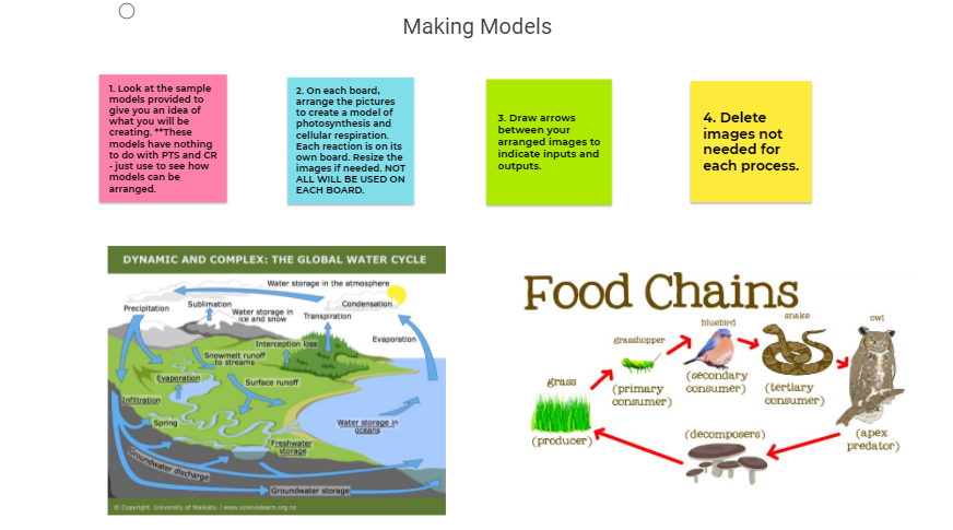 Making Models
1. Look at the sample
models provided to
give you an idea of
what you will be
creating. **These
models have nothing
to do with PTS and CR
- just use to see how
models can be
arranged.
2. On each board,
arrange the pictures
to create a model of
photosynthesis and
cellular respiration.
Each reaction is on its
own board. Resize the
4. Delete
3. Draw arrows
between your
arranged images to
indicate inputs and
images not
needed for
each process.
images if needed. NOT
ALL WILL BE USED ON
outputs.
EACH BOARD.
DYNAMIC AND COMPLEX: THE GLOBAL WATER CYCLE
Food Chains
Water storage in the atmosphere
Sublimation
Condensation
Precipitation
Water storage in
ce and snow
Transpiration
anake
ow!
bluehird
Interception loss
Evaporation
granshopper
Snowmelt runoff
to streams
(secondary
Evaporation
Surface runoff
gruss
(primary
consumer)
(tertiary
consumer)
consumer)
Infitration
Water storage in
Oceans
Spring
Freshwater
torage
(producer)
(decomposers)
(apex
predator)
undwater dscharya
Groundwater storage
Copyright. University of Wakats. Iw.acierceleam.org.ne
