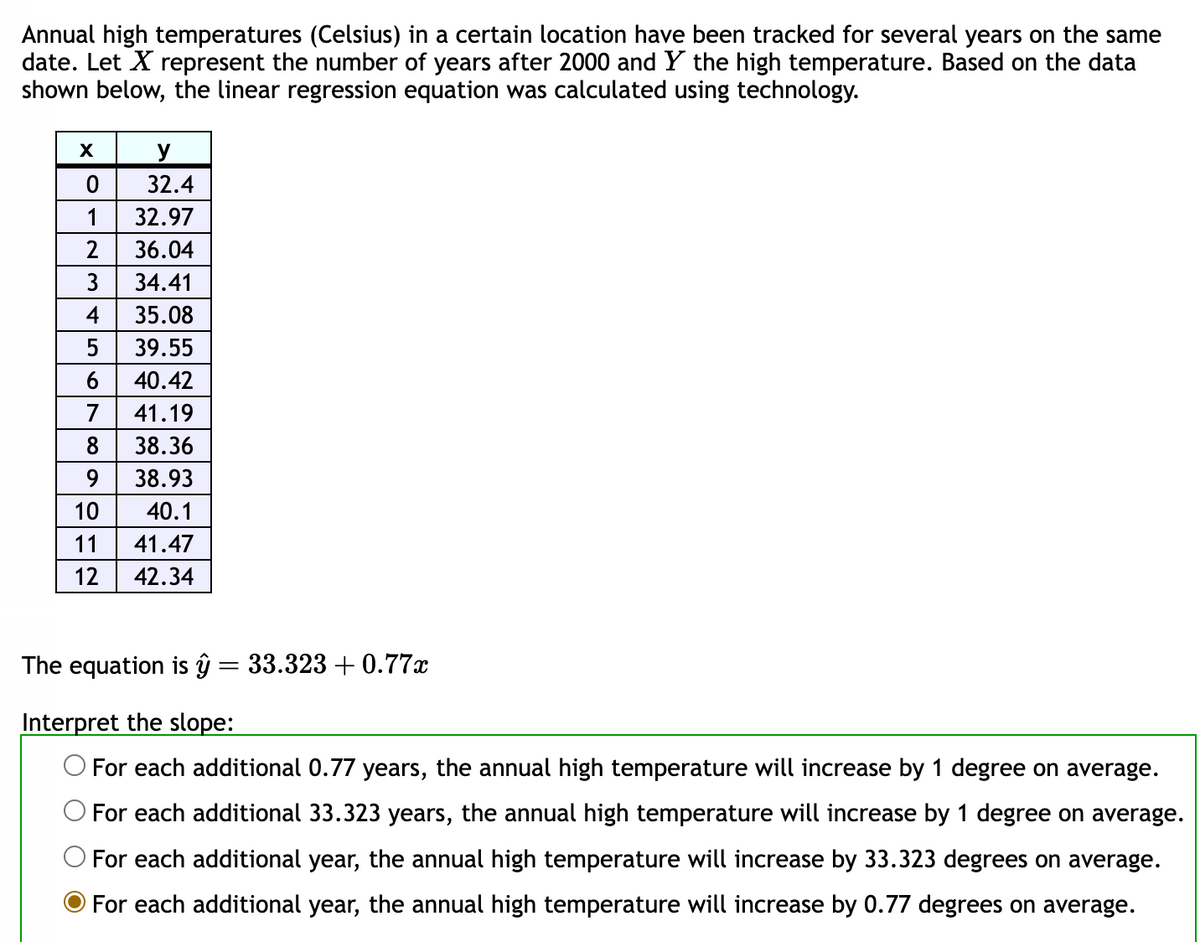 Annual high temperatures (Celsius) in a certain location have been tracked for several years on the same
date. Let X represent the number of years after 2000 and Y the high temperature. Based on the data
shown below, the linear regression equation was calculated using technology.
X
y
0
32.4
1
32.97
2
36.04
3
34.41
4 35.08
5
39.55
6
40.42
7
41.19
8 38.36
901
38.93
10
40.1
11 41.47
12 42.34
The equation is ŷ = 33.323 +0.77x
Interpret the slope:
O For each additional 0.77 years, the annual high temperature will increase by 1 degree on average.
For each additional 33.323 years, the annual high temperature will increase by 1 degree on average.
O For each additional year, the annual high temperature will increase by 33.323 degrees on average.
For each additional year, the annual high temperature will increase by 0.77 degrees on average.