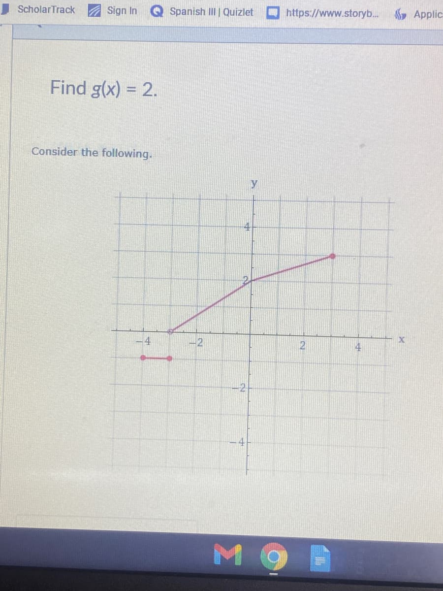 ScholarTrack
Sign In
Spanish III | Quizlet
https://www.storyb. Applic
Find g(x) = 2.
Consider the following.
y
-4
2
2
4
-2
