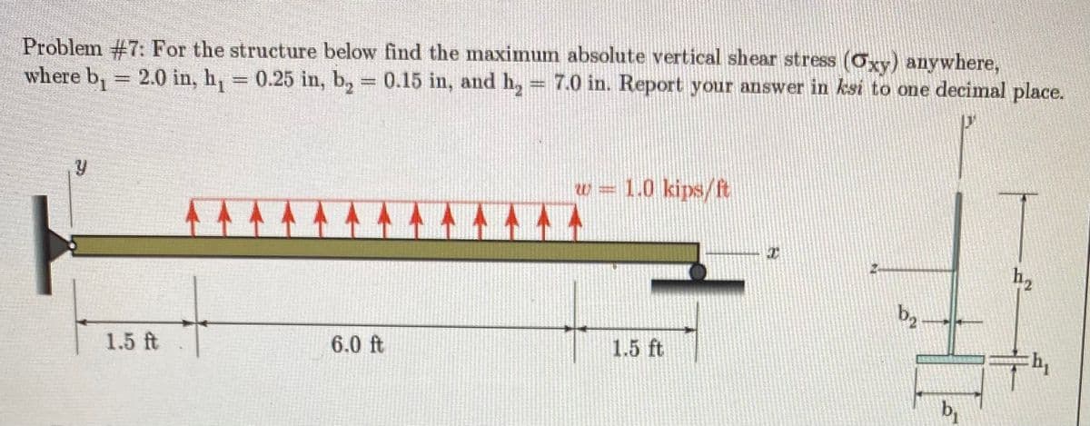 Problem #7: For the structure below find the maximum absolute vertical shear stress (Oxy) anywhere,
where b, = 2.0 in, h, = 0.25 in, b, = 0.15 in, and h,
= 7.0 in. Report your answer in ksi to one decimal place.
w = 1.0 kips/ft
h2
b2
1.5 ft
6.0 ft
1.5 ft
b,
