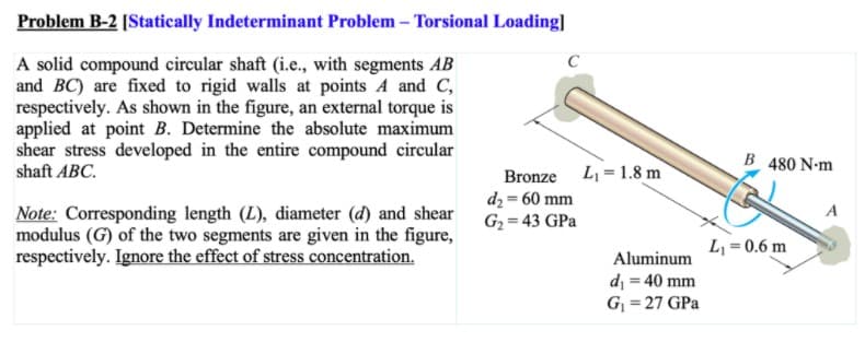 Problem B-2 [Statically Indeterminant Problem - Torsional Loading]
A solid compound circular shaft (i.e., with segments AB
and BC) are fixed to rigid walls at points A and C,
respectively. As shown in the figure, an external torque is
applied at point B. Determine the absolute maximum
shear stress developed in the entire compound circular
B 480 N-m
Bronze L, = 1.8 m
dz = 60 mm
G2= 43 GPa
shaft ABC.
Note: Corresponding length (L), diameter (d) and shear
modulus (G) of the two segments are given in the figure,
respectively. Ignore the effect of stress concentration.
L = 0.6 m
Aluminum
di = 40 mm
G = 27 GPa
