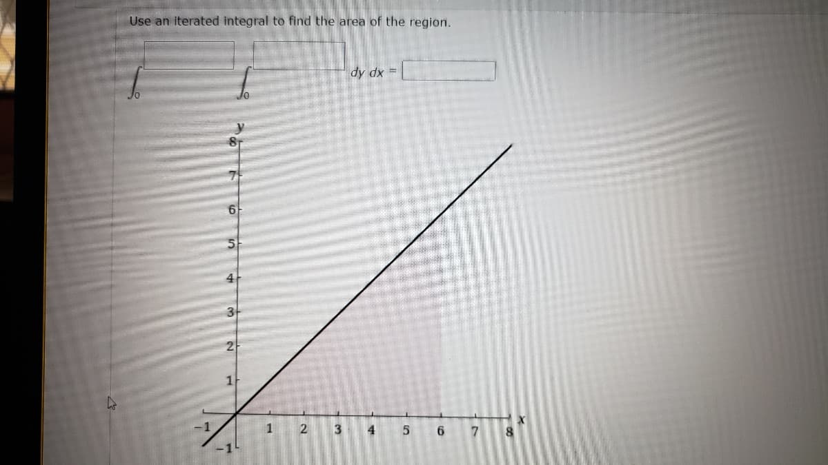 Use an iterated integral to find the area of the region.
dy dx =|
6
4
3
2
1
1
2
3 4
6.
7.
8
