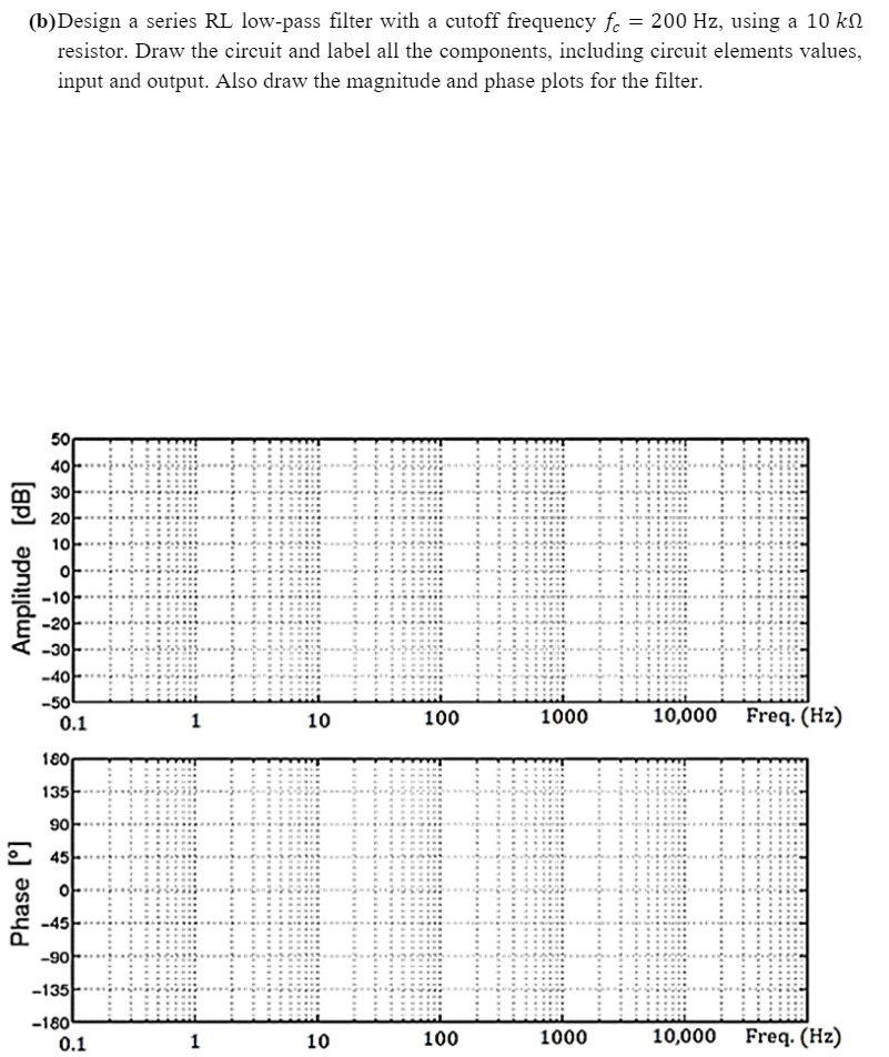 (b) Design a series RL low-pass filter with a cutoff frequency fc = 200 Hz, using a 10 k
resistor. Draw the circuit and label all the components, including circuit elements values,
input and output. Also draw the magnitude and phase plots for the filter.
Amplitude [dB]
50
40
Phase [°]
30
20
10
O
-10
-20
-30
-40
-50
0.1
180
135
90
C 45
O
-45
-90
-135
-180
0.1
1
1
10
10
100
100
1000
1000
10,000
10,000
Freq. (Hz)
Freq. (Hz)