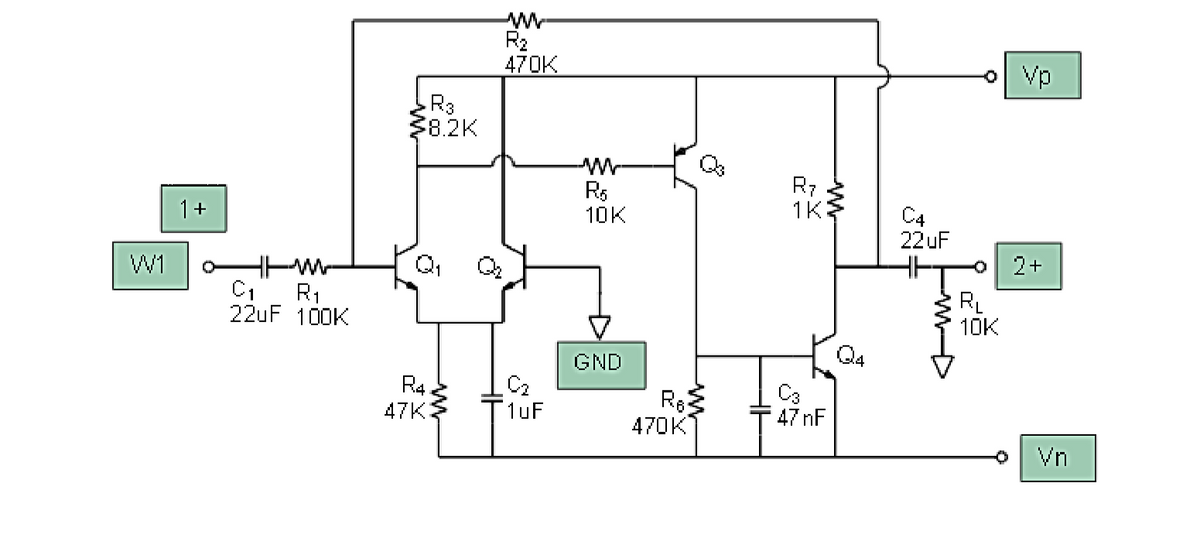 .R3
ww
R₂
470K
8.2K
w
R5
R7
1K
1+
10K
ww
W1
Q₁
C1
R₁
22uF 100K
GND
Q4
R4
47K
1uF
Re
C3
47nF
470K
Vp
HH
C4
JN=
22 uF
2+
WD
RL
10K
Vn