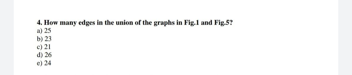 4. How many edges in the union of the graphs in Fig.1 and Fig.5?
a) 25
b) 23
c) 21
d) 26
e) 24
