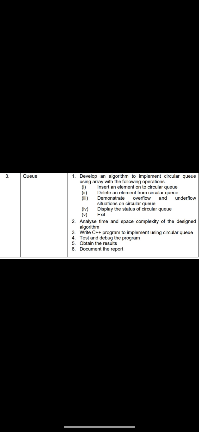 Queue
1. Develop an algorithm to implement circular queue
using array with the following operations.
(i)
(ii)
(ii)
Insert an element on to circular queue
Delete an element from circular queue
and
Demonstrate
overflow
underflow
situations on circular queue
Display the status of circular queue
Exit
(iv)
(v)
2. Analyse time and space complexity of the designed
algorithm
3. Write C++ program to implement using circular queue
4. Test and debug the program
5. Obtain the results
6. Document the report
3.
