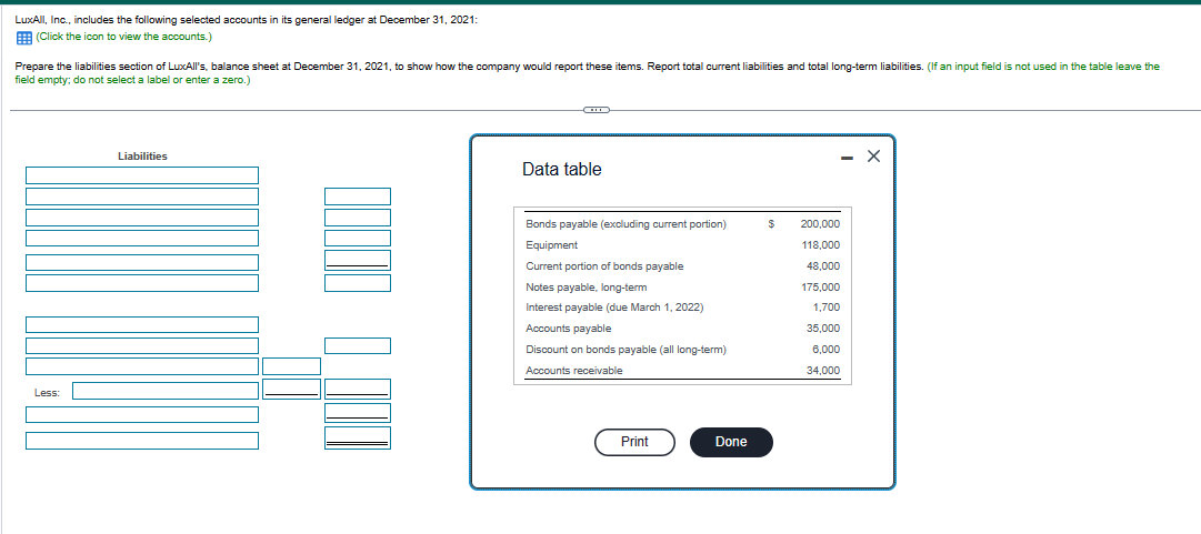 LuxAll, Inc., includes the following selected accounts in its general ledger at December 31, 2021:
(Click the icon to view the accounts.)
Prepare the liabilities section of LuxAll's, balance sheet at December 31, 2021, to show how the company would report these items. Report total current liabilities and total long-term liabilities. (If an input field is not used in the table leave the
field empty; do not select a label or enter a zero.)
Less:
Liabilities
CO
Data table
Bonds payable (excluding current portion)
Equipment
Current portion of bonds payable
Notes payable, long-term
Interest payable (due March 1, 2022)
Accounts payable
Discount on bonds payable (all long-term)
Accounts receivable
Print
Done
$
- X
200,000
118,000
48,000
175,000
1,700
35,000
6,000
34,000