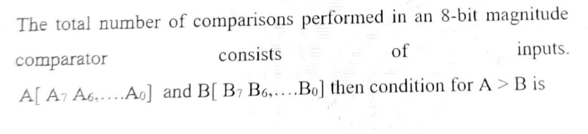 The total number of comparisons performed in an 8-bit magnitude
inputs.
consists
of
comparator
A[ A7 A6, ..A9] and B[ B7 B6,…...Bo] then condition for A >B is
