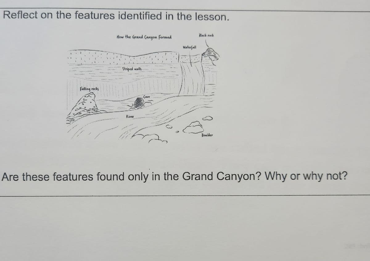 Reflect on the features identified in the lesson.
How the Grand Canyon Formed
www.www.
Striped walls.
Kirer
Waterfall
Boulder
Are these features found only in the Grand Canyon? Why or why not?