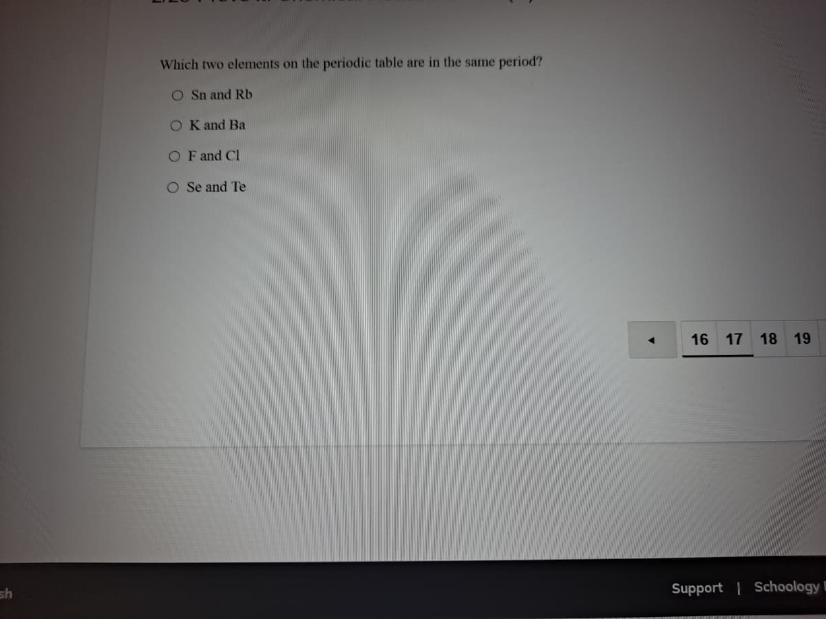 Which two elements on the periodic table are in the same period?
O Sn and Rb
O K and Ba
O F and Cl
O Se and Te
16
17
18
19
sh
Support | SchoologyE
