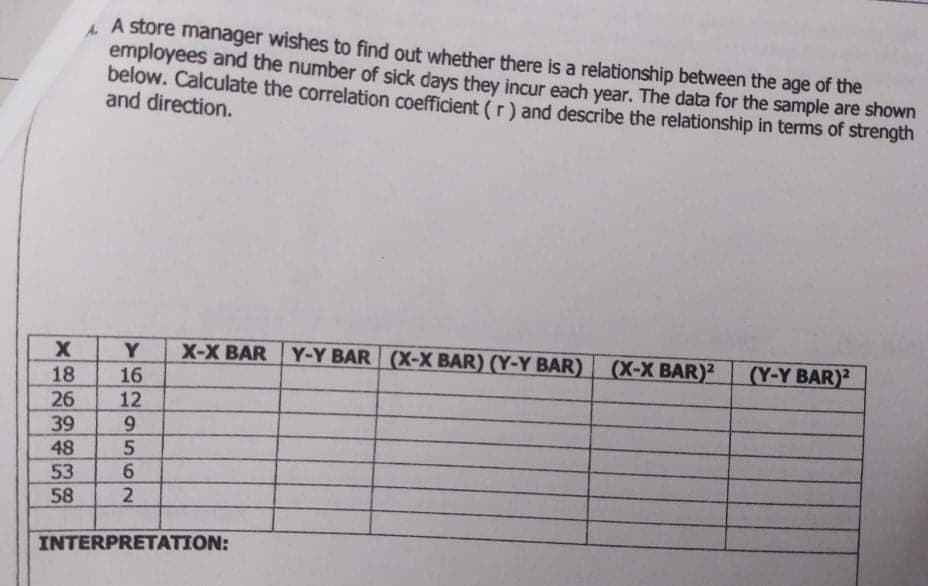 A store manager wishes to find out whether there is a relationship between the age of the
employees and the number of sick days they incur each year. The data for the sample are shown
below. Calculate the correlation coefficient (r ) and describe the relationship in terms of strength
and direction.
Y
X-X BAR Y-Y BAR (X-X BAR) (Y-Y BAR)
(X-X BAR)?
(Y-Y BAR)
16
12
18
26
39
48
53
58
INTERPRETATION:
C956
