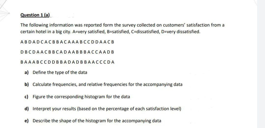 Question 1 (a)
The following information was reported form the survey collected on customers' satisfaction from a
certain hotel in a big city. A-very satisfied, B-satisfied, C-dissatisfied, D=very dissatisfied.
ABDADCACBBACAAABCCDDAACB
DBCDAACBBCADAABBBACCAADB
BAAAB
CCDDBBADADBBAACCCDA
a) Define the type of the data
b) Calculate frequencies, and relative frequencies for the accompanying data
c) Figure the corresponding histogram for the data
d) Interpret your results (based on the percentage of each satisfaction level)
e)
Describe the shape of the histogram for the accompanying data