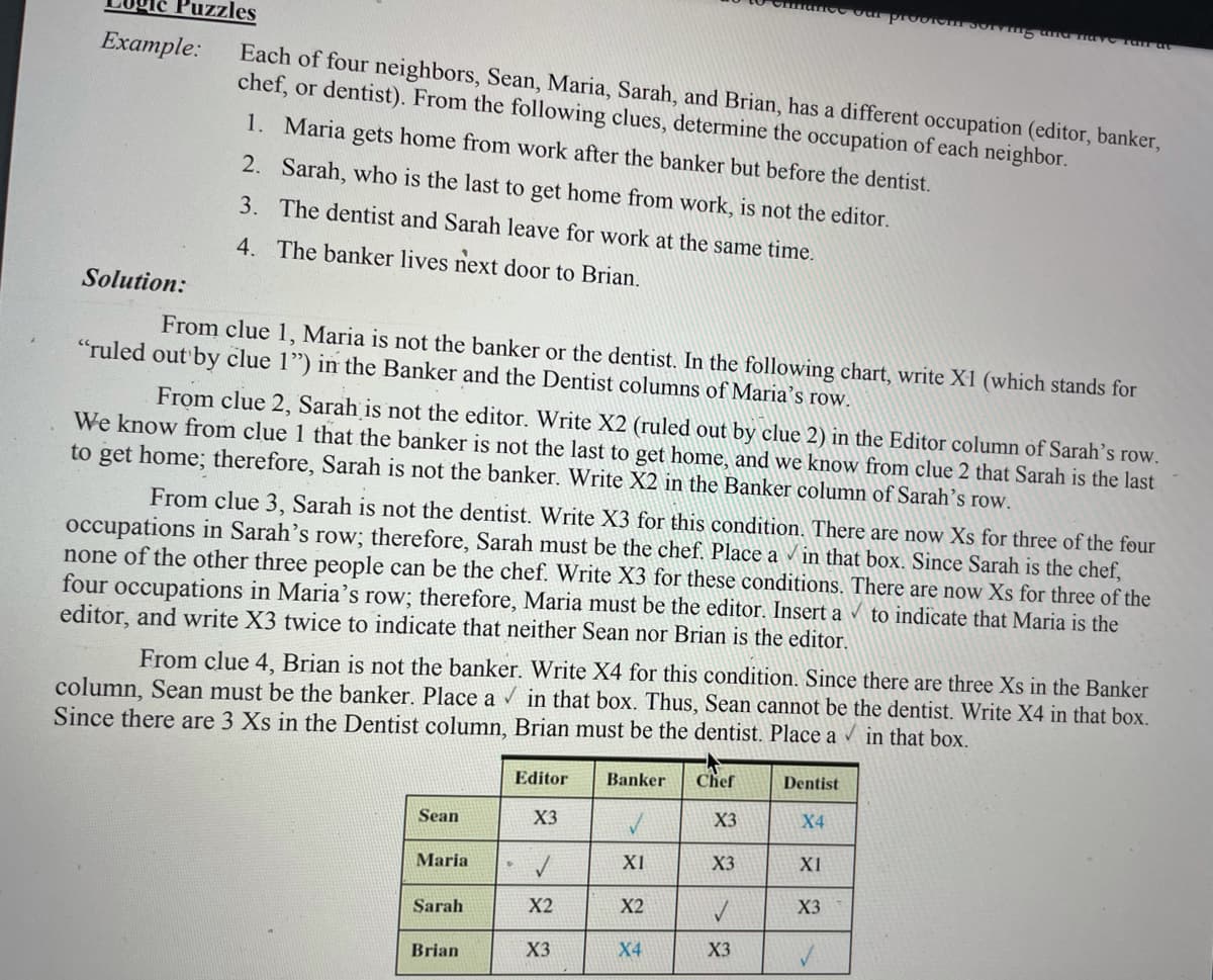 Puzzles
Example:
Each of four neighbors, Sean, Maria, Sarah, and Brian, has a different occupation (editor, banker,
chef, or dentist). From the following clues, determine the occupation of each neighbor.
1. Maria gets home from work after the banker but before the dentist.
2. Sarah, who is the last to get home from work, is not the editor.
3. The dentist and Sarah leave for work at the same time.
4. The banker lives next door to Brian.
Solution:
From clue 1, Maria is not the banker or the dentist. In the following chart, write X1 (which stands for
"ruled out'by clue 1") in the Banker and the Dentist columns of Maria's row.
From clue 2, Sarah is not the editor. Write X2 (ruled out by clue 2) in the Editor column of Sarah’s row.
We know from clue 1 that the banker is not the last to get home, and we know from clue 2 that Sarah is the last
to get home; therefore, Sarah is not the banker. Write X2 in the Banker column of Sarah’s row.
From clue 3, Sarah is not the dentist. Write X3 for this condition. There are now Xs for three of the four
occupations in Sarah's row; therefore, Sarah must be the chef. Place a in that box. Since Sarah is the chef,
none of the other three people can be the chef. Write X3 for these conditions. There are now Xs for three of the
four occupations in Maria's row; therefore, Maria must be the editor. Insert a to indicate that Maria is the
editor, and write X3 twice to indicate that neither Sean nor Brian is the editor.
From clue 4, Brian is not the banker. Write X4 for this condition. Since there are three Xs in the Banker
column, Sean must be the banker. Place a in that box. Thus, Sean cannot be the dentist. Write X4 in that box.
Since there are 3 Xs in the Dentist column, Brian must be the dentist. Place a in that box.
Editor
Banker
Chef
Dentist
Sean
X3
X3
X4
Maria
XI
X3
X1
Sarah
X2
X2
X3
X3
X4
X3
Brian
