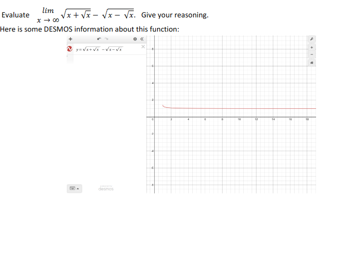 lim Vx + Vx - Vx - Vx. Give your reasoning.
x → 00
Evaluate
Here is some DESMOS information about this function:
10
12
14
desmos
