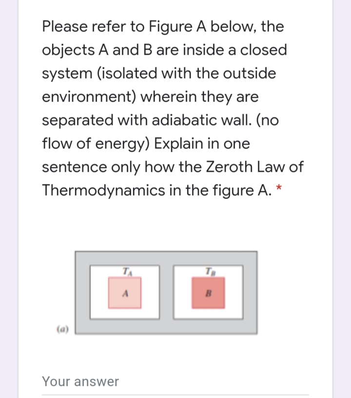 Please refer to Figure A below, the
objects A and B are inside a closed
system (isolated with the outside
environment) wherein they are
separated with adiabatic wall. (no
flow of energy) Explain in one
sentence only how the Zeroth Law of
Thermodynamics in the figure A. *
TA
T
B
(a)
Your answer
