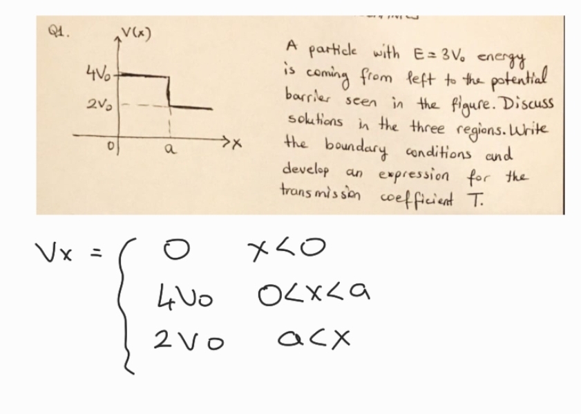 Q1.
4V-
2V₂
Vx =
0
V(x)
a
>>
400
2 Vo
A particle with E=3V₂ energy
is
coming from left to the potential
barrier seen in the figure. Discuss
solutions in the three regions. Write
the boundary conditions and
develop an expression for the
transmission coefficient T.
хо
осха
acx