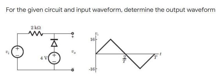 For the given circuit and input waveform, determine the output waveform
2 kn
16
4 V
T
-16F
+ I
