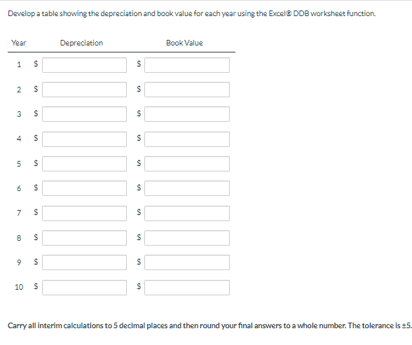 Develop a table showing the depreciation and book value for each year using the Excel® DDB worksheet function.
Year
1
2 $
3
4
5
6
7
8
9
$
10
69
69
$
69
$
$
$
69
$
$
69
$
Depreciation
$
69
$
+A
$
$
69
$
$
$
$
69
$
$
Book Value
Carry all interim calculations to 5 decimal places and then round your final answers to a whole number. The tolerance is ±5.