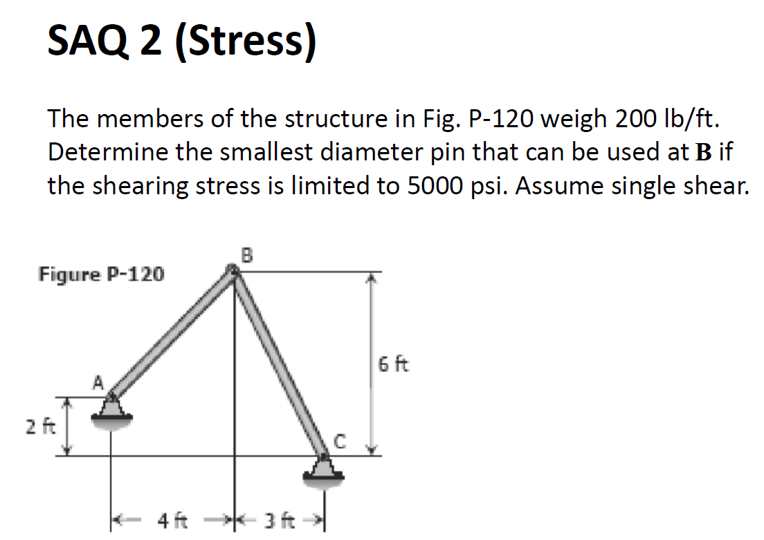 SAQ 2 (Stress)
The members of the structure in Fig. P-120 weigh 200 lb/ft.
Determine the smallest diameter pin that can be used at B if
the shearing stress is limited to 5000 psi. Assume single shear.
Figure P-120
2 ft
B
4 ft 3 ft →→>
с
6 ft