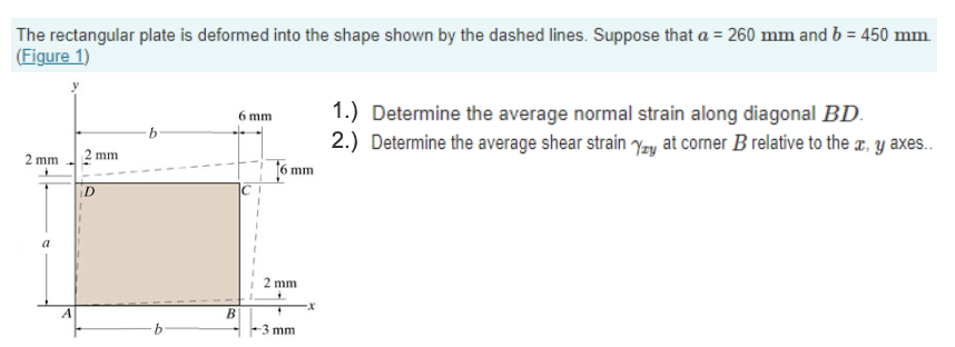 The rectangular plate is deformed into the shape shown by the dashed lines. Suppose that a = 260 mm and b = 450 mm
(Figure 1)
2 mm
a
mm
D
B
6 mm
6 mm
2 mm
-3 mm
-x
1.) Determine the average normal strain along diagonal BD.
2.) Determine the average shear strain Yzy at corner B relative to the x, y axes..