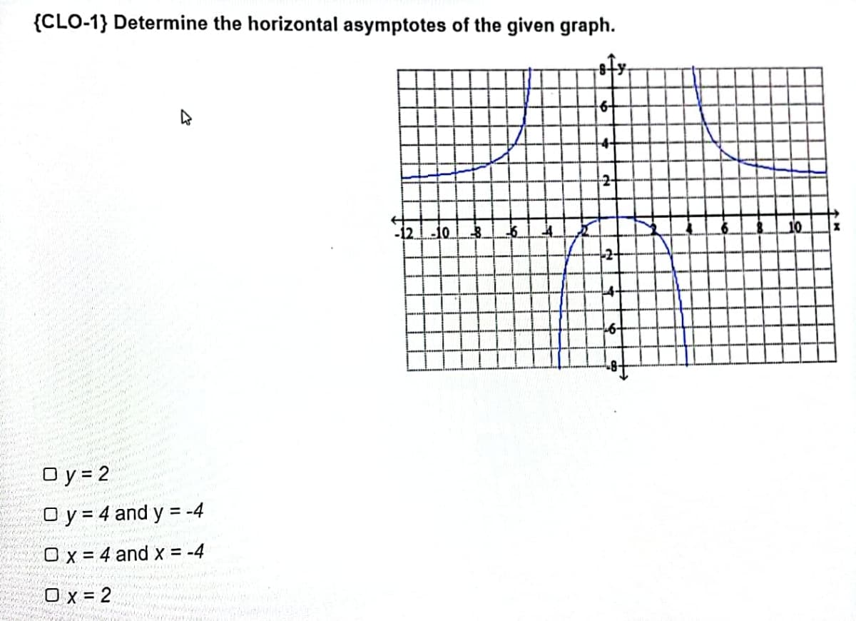 SORRY
{CLO-1} Determine the horizontal asymptotes of the given graph.
+8fx₁
4
12-10
Oy=2
colorwa
Oy=4 and y = -4
anders
Ox=4 and x = -4
Ox=2
is dep
Mag
che
depsgeldes
Wend
V
dicenda visose
FRIHEMDENGAdes
Extens
-9
2
2-
4-
-9
x